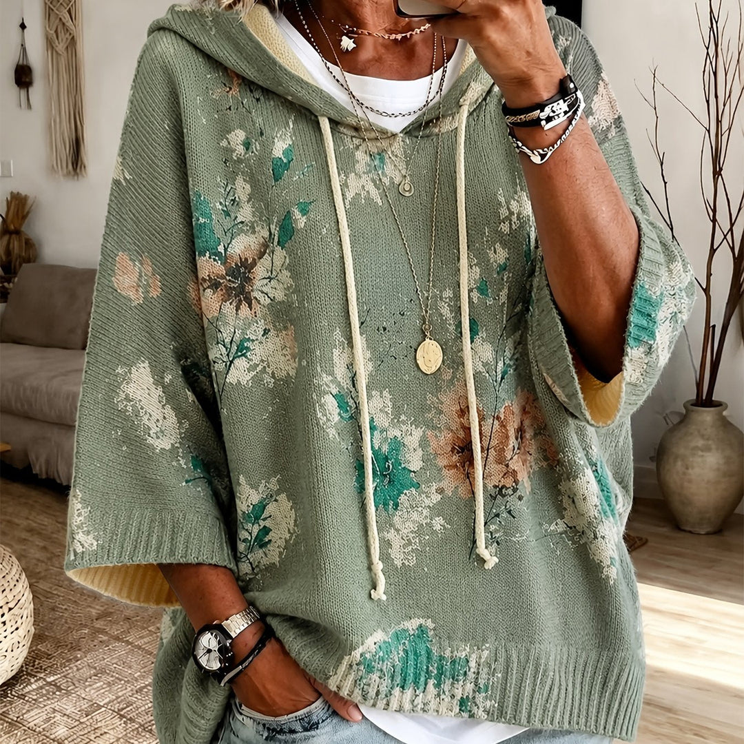 Hooded Floral Cape Sweater