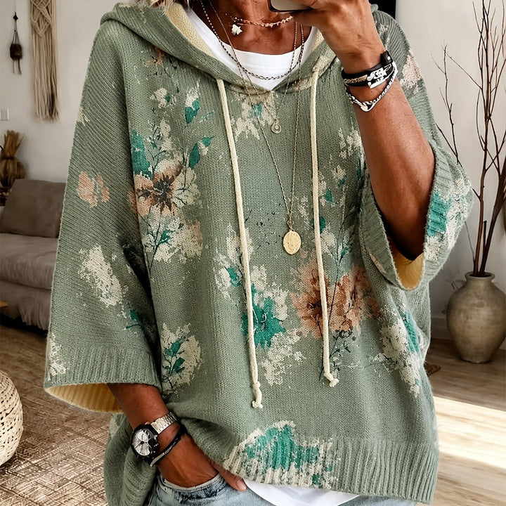 Hooded Floral Cape Sweater