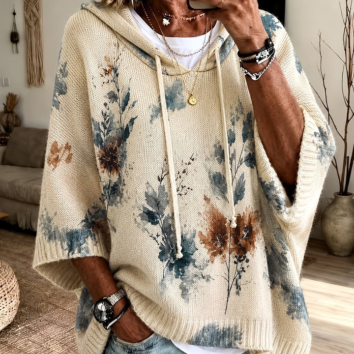 Hooded Floral Cape Sweater
