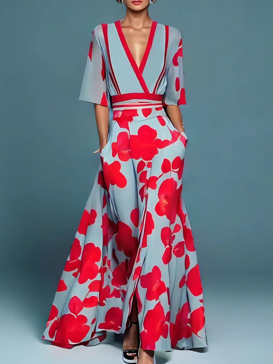 Floral V-Neck Long Dress