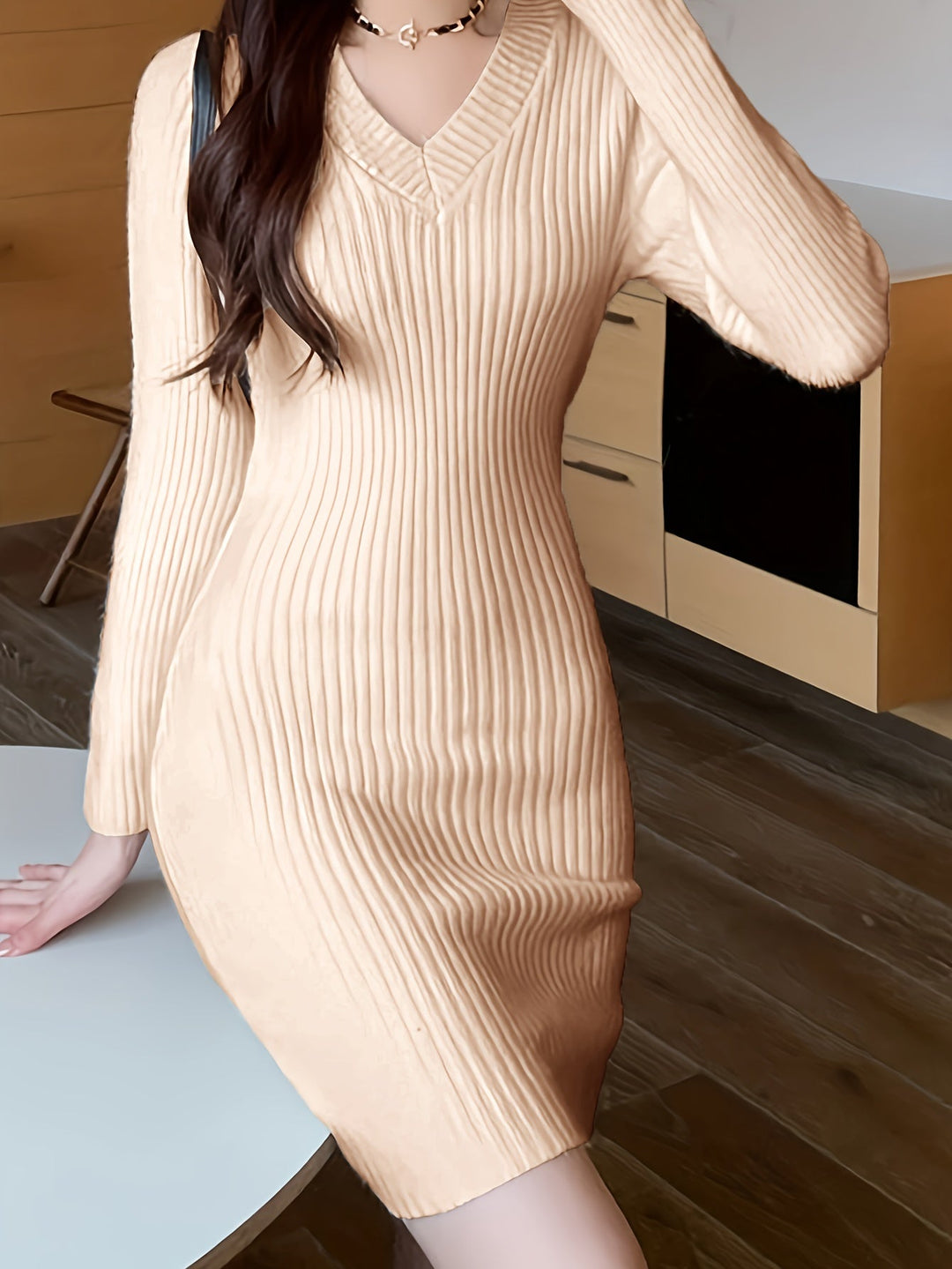 Ribbed V-Neck Slim-Fit Dress