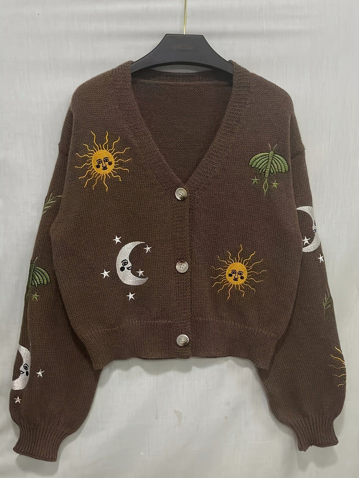 Celestial Embroidered Lantern-Sleeve Cardigan