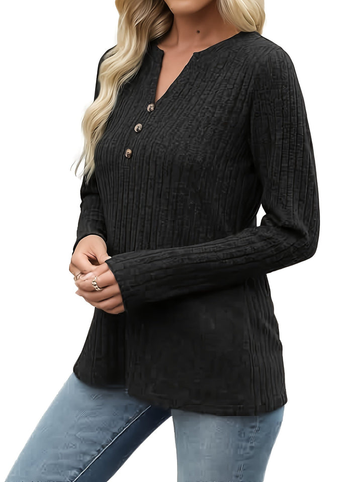 Ribbed Button-Neck Long Sleeve Top