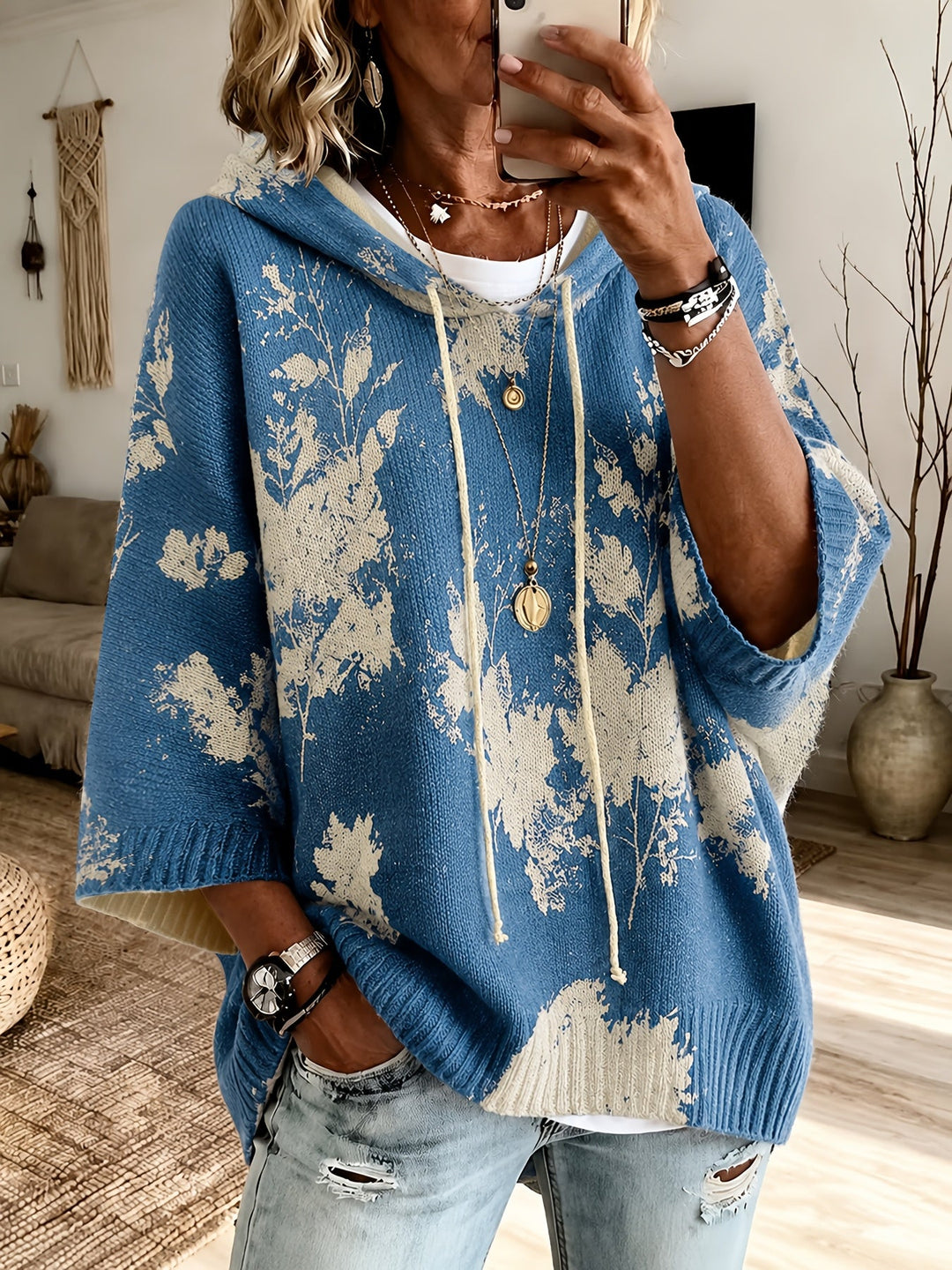 Hooded Floral Cape Sweater