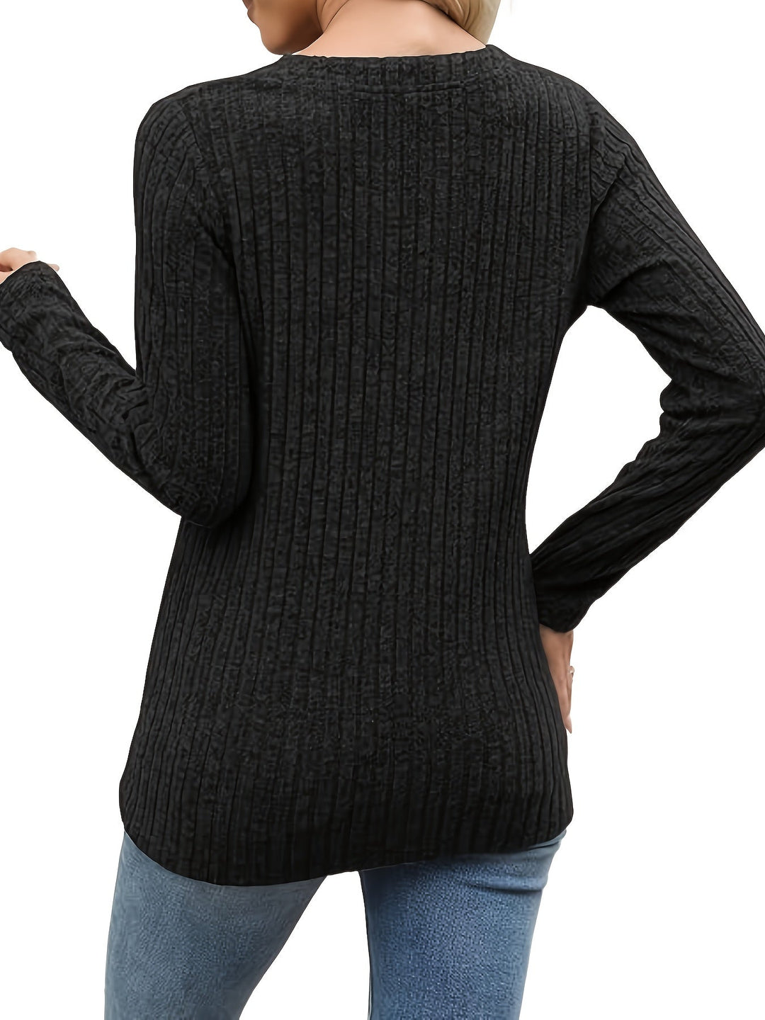 Ribbed Button-Neck Long Sleeve Top