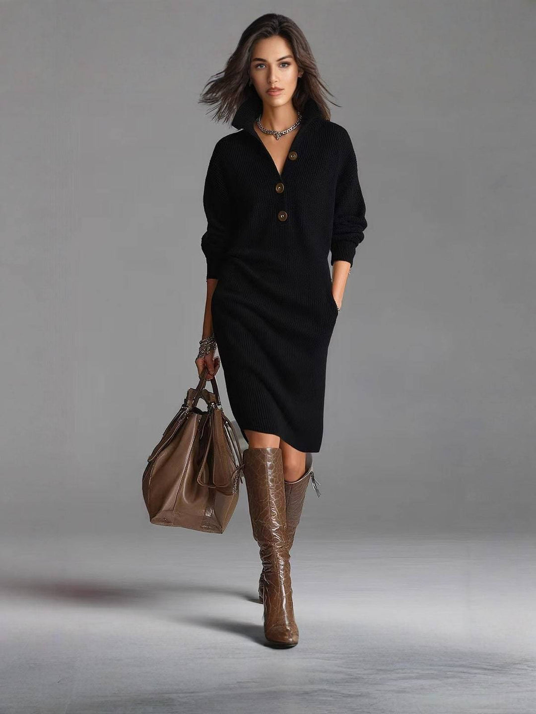 Relaxed Button-Up Sweater Dress