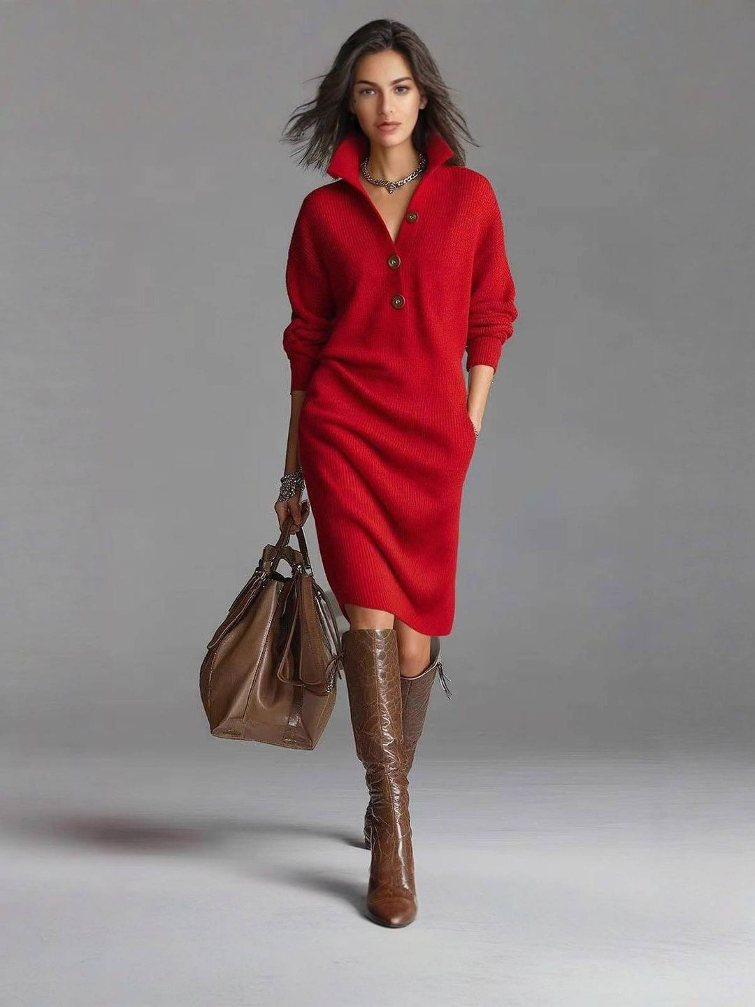 Relaxed Button-Up Sweater Dress