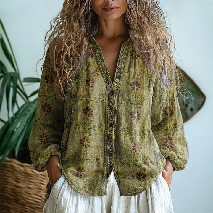 Vintage Leaf Print Button-Down Shirt