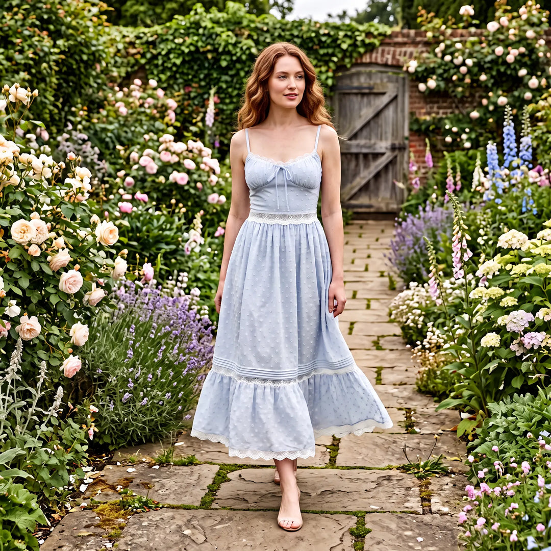 Aevoria elegant pale blue polka dot maxi dress with white lace trim and spaghetti straps, worn by a model walking through a lush garden setting.