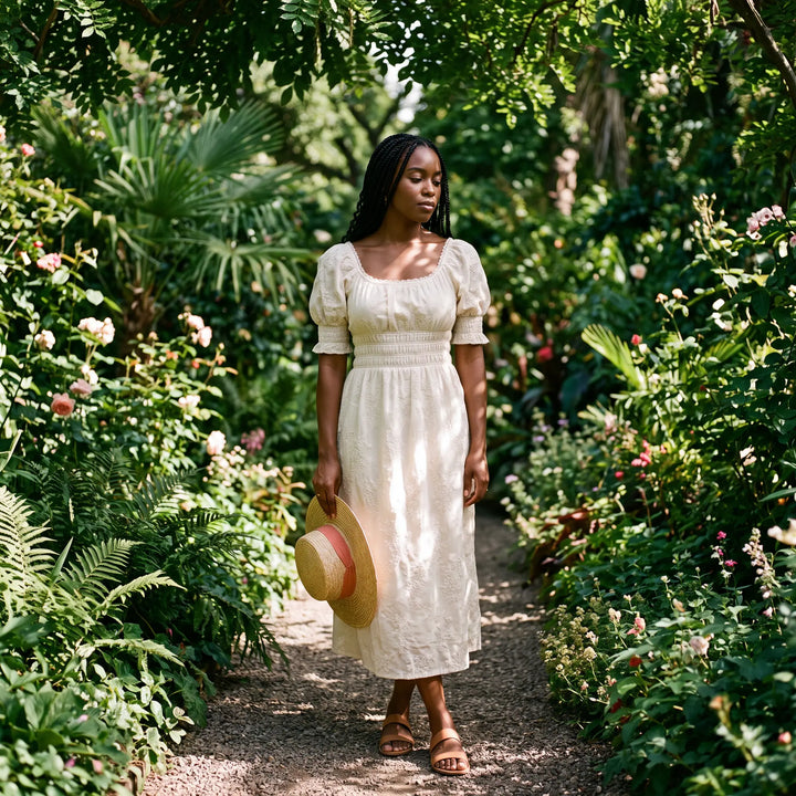 A woman models the Altera embroidered midi dress in soft ivory, featuring a square neckline, puff sleeves, and a smocked bodice, walking through a lush garden.