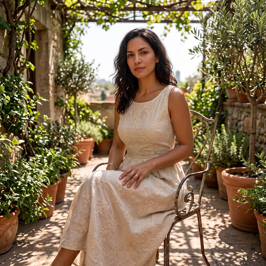 Woman wearing an Altera embroidered midi dress in soft ivory, featuring a square neckline, puff sleeves, and A-line skirt, seated in a sunlit garden.