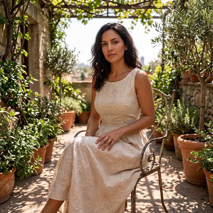 Woman wearing an Altera embroidered midi dress in soft ivory, featuring a square neckline, puff sleeves, and A-line skirt, seated in a sunlit garden.
