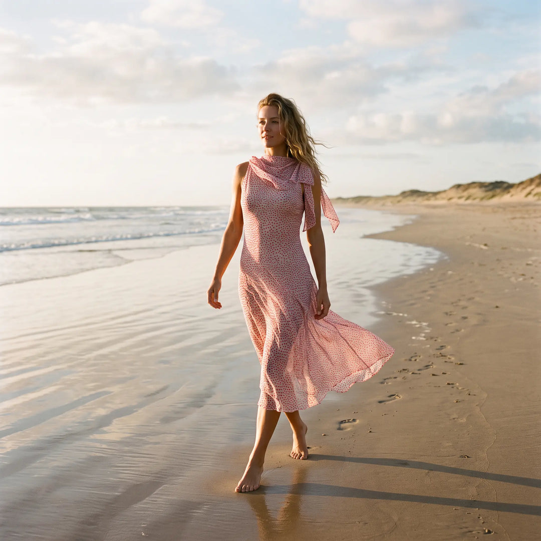 Elegant Azalia pink polka dot midi dress worn by a woman walking on a beach at sunset, showcasing its flowy chiffon fabric and tied shoulder strap.