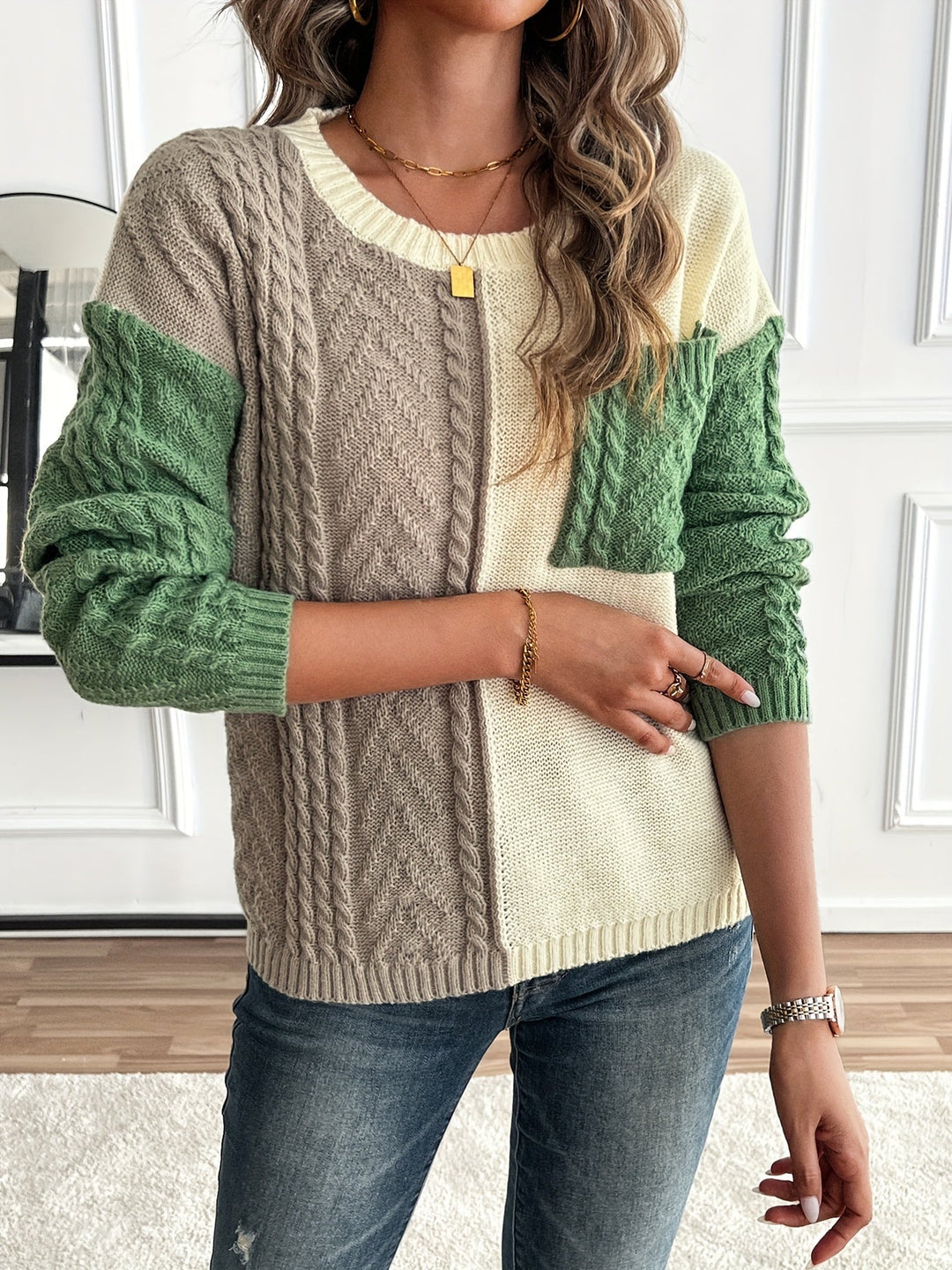 Color Block Cable Knit Sweater