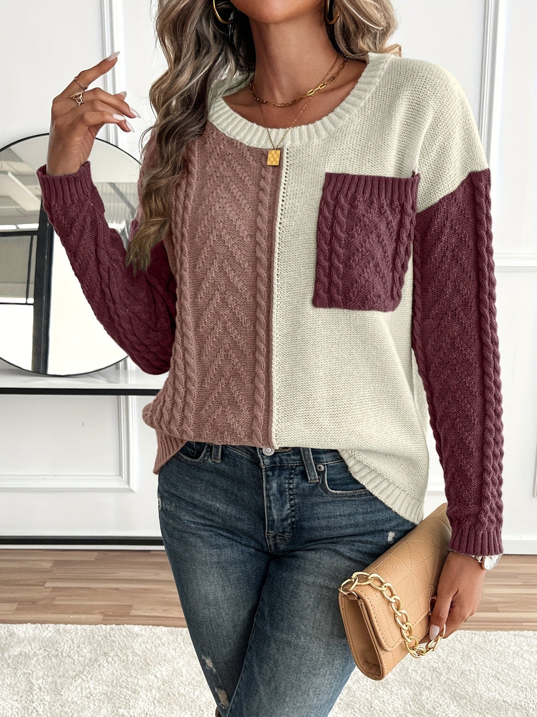 Color Block Cable Knit Sweater