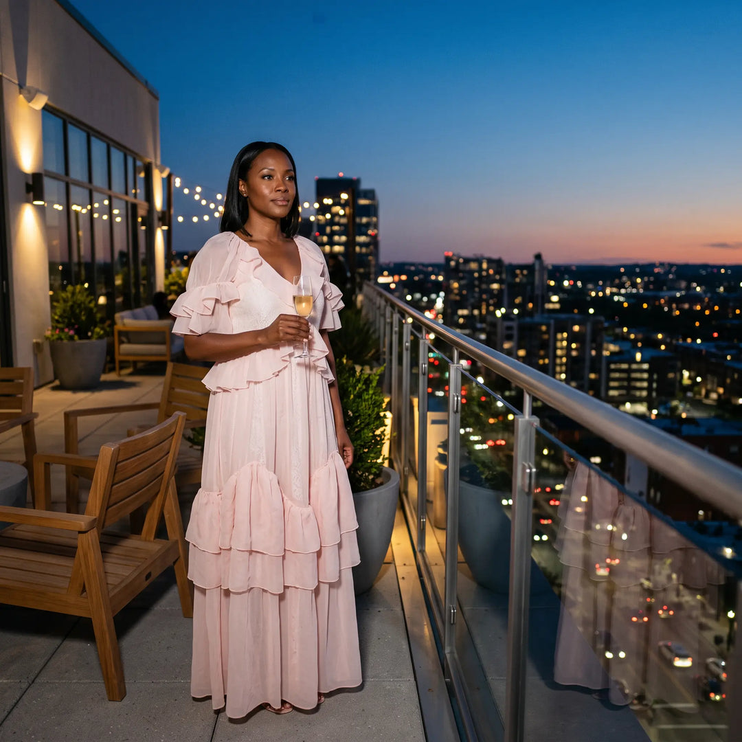 Woman holding a champagne glass on a rooftop balcony at dusk, wearing an elegant pale blush pink tiered ruffle maxi dress with V-neckline and flutter sleeves, with a city skyline in the background.