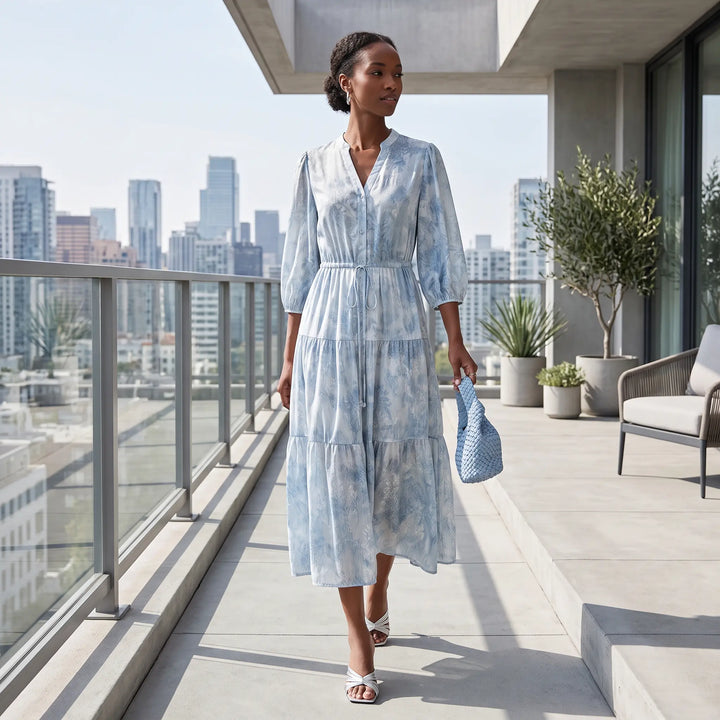 Woman walking on a city balcony wearing a flowing sky blue and white watercolor print silk blend midi dress with tiered skirt and balloon sleeves.