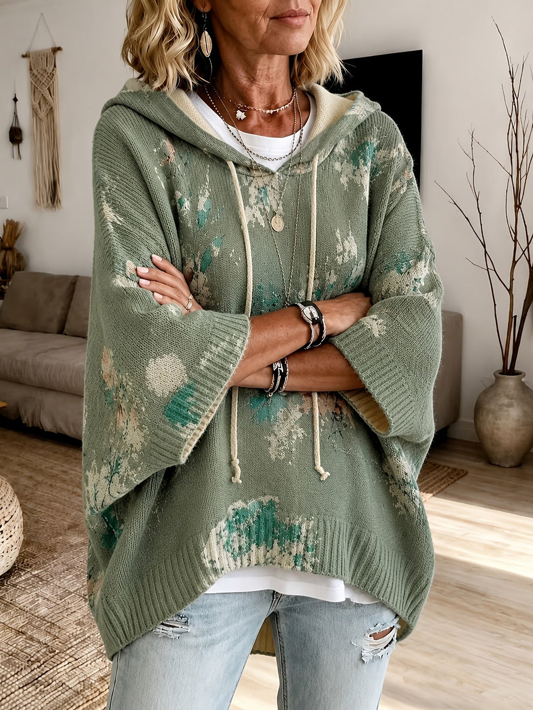 Hooded Floral Cape Sweater