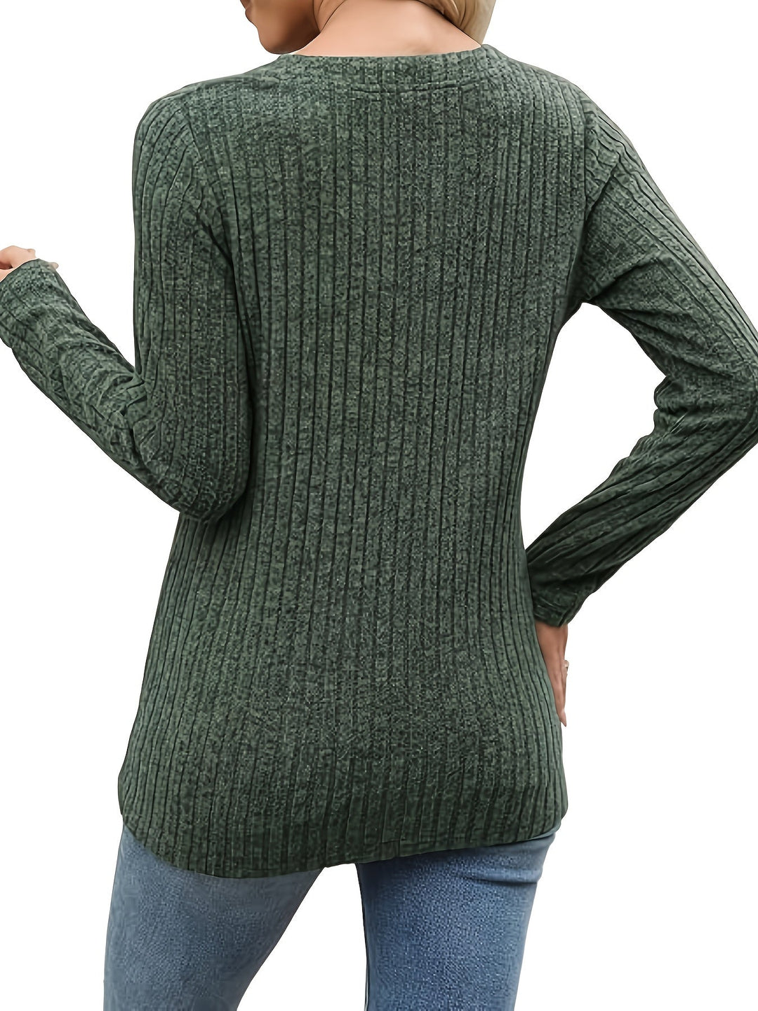 Ribbed Button-Neck Long Sleeve Top