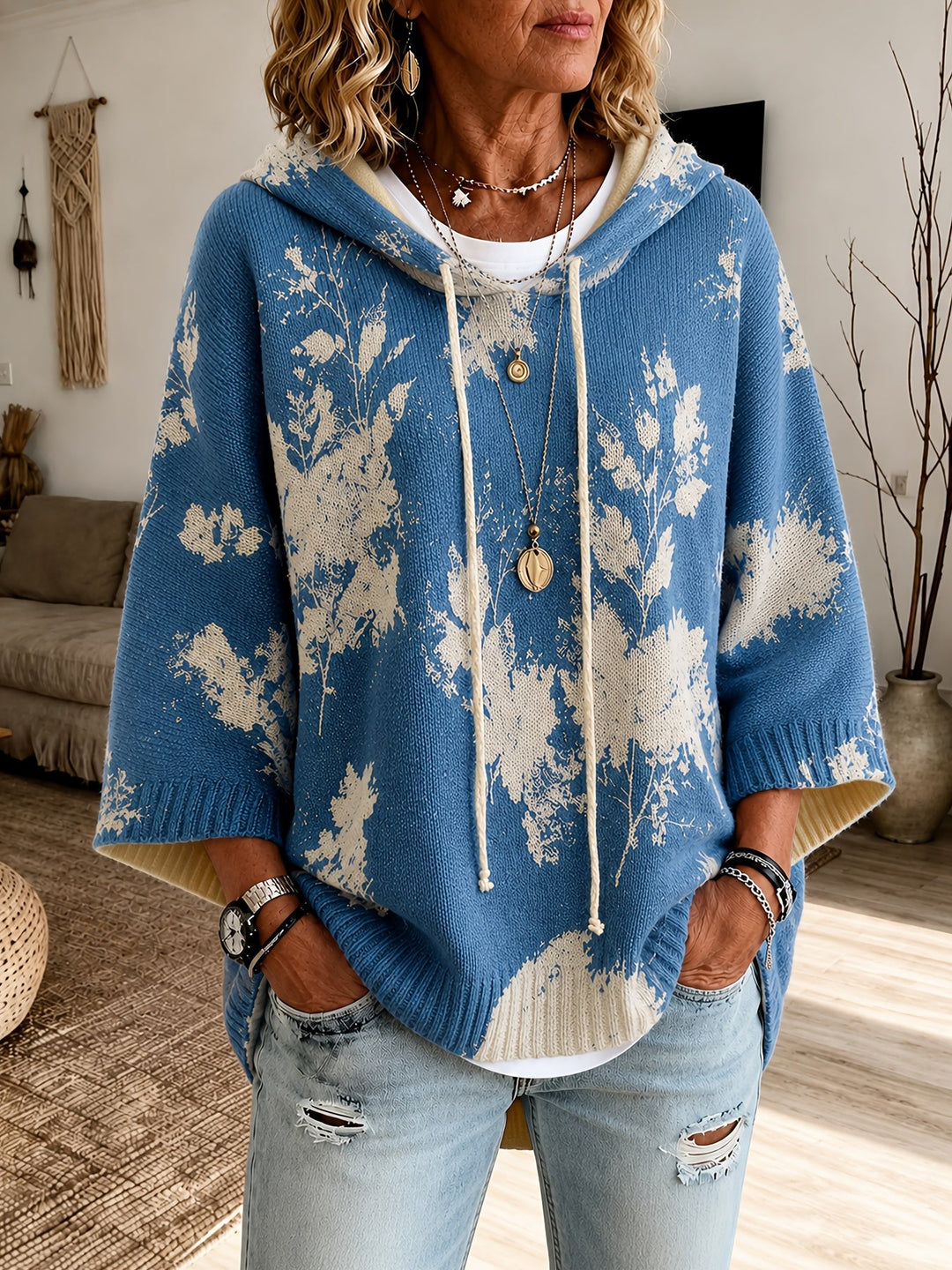Hooded Floral Cape Sweater