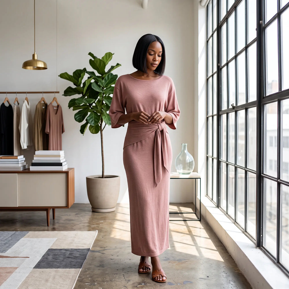 Woman wearing a dusty rose fine-rib knit maxi dress with a U-neck, voluminous dolman sleeves, and a side-tied waist sash, styled in a bright, airy studio setting.