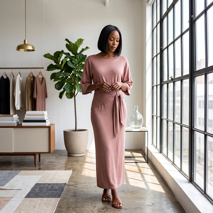 Woman wearing a dusty rose fine-rib knit maxi dress with a U-neck, voluminous dolman sleeves, and a side-tied waist sash, styled in a bright, airy studio setting.
