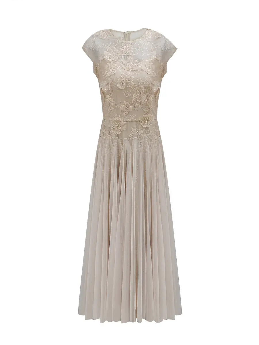 Elegant blush pink tulle A-line gown with intricate floral lace embroidery on the bodice and cap sleeves, featuring a round neckline and high waist. Floor-length design presented front view.