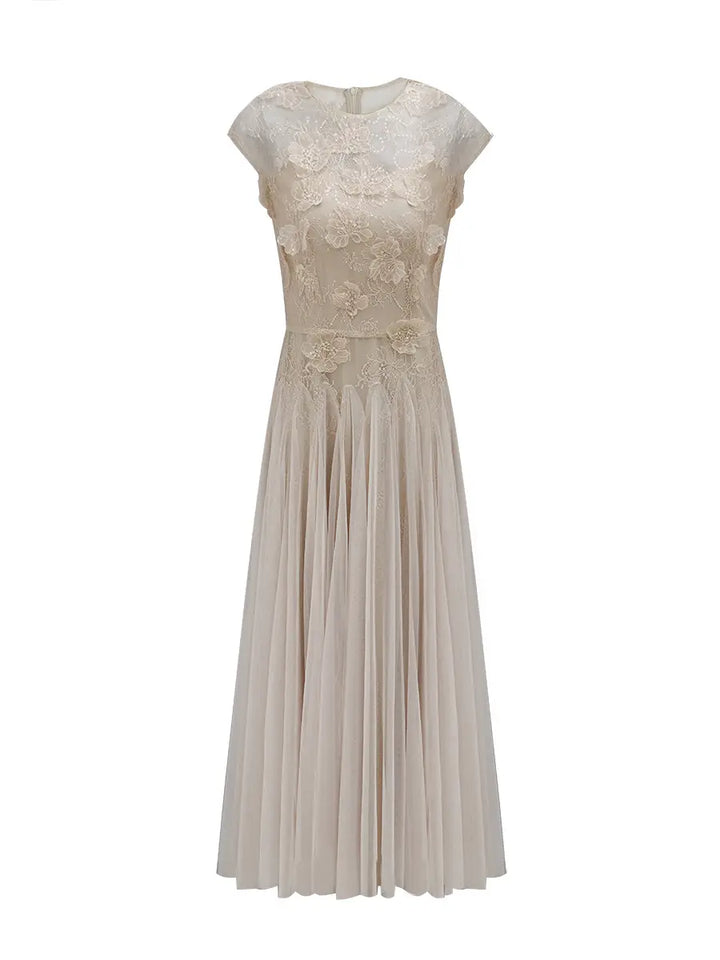 Elegant blush pink tulle A-line gown with intricate floral lace embroidery on the bodice and cap sleeves, featuring a round neckline and high waist. Floor-length design presented front view.