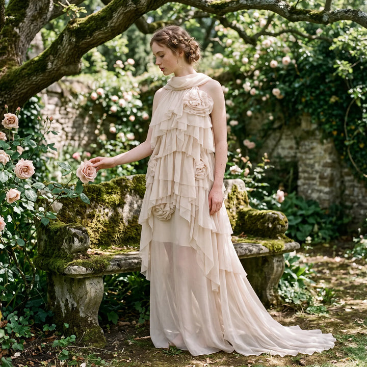 Ethereal pale nude maxi dress with cascading sheer ruffles and 3D fabric roses, worn by a model in a romantic garden setting. The dress features a draped asymmetrical neckline and a flowing hem.