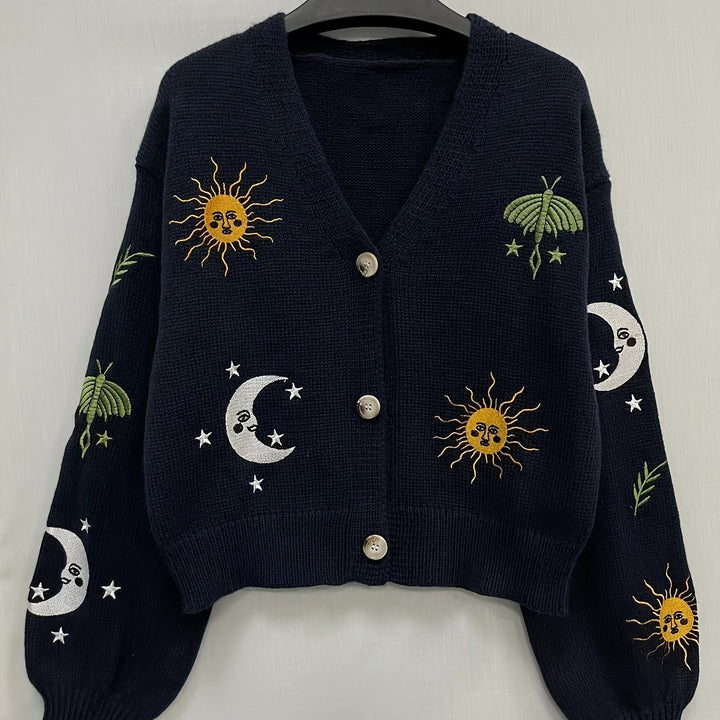 Celestial Embroidered Lantern-Sleeve Cardigan