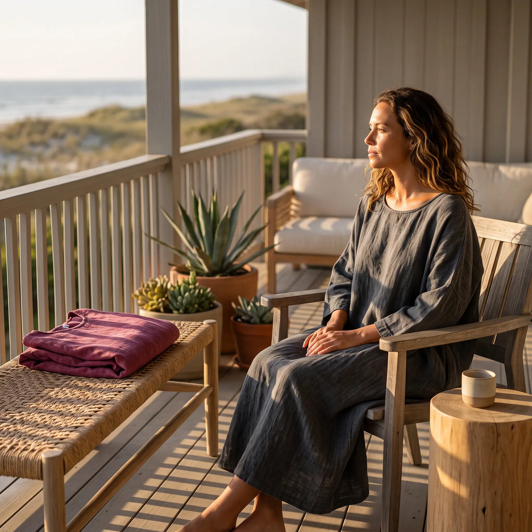 Woman wearing a loose-fit, dark grey linen blend maxi dress sits on a wooden chair on a coastal porch, with the ocean in the background. Product is also shown folded on a bench.