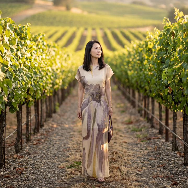 A woman models a flowing, floor-length maxi dress with an abstract floral print in muted purples and creams, standing in a sun-drenched vineyard.