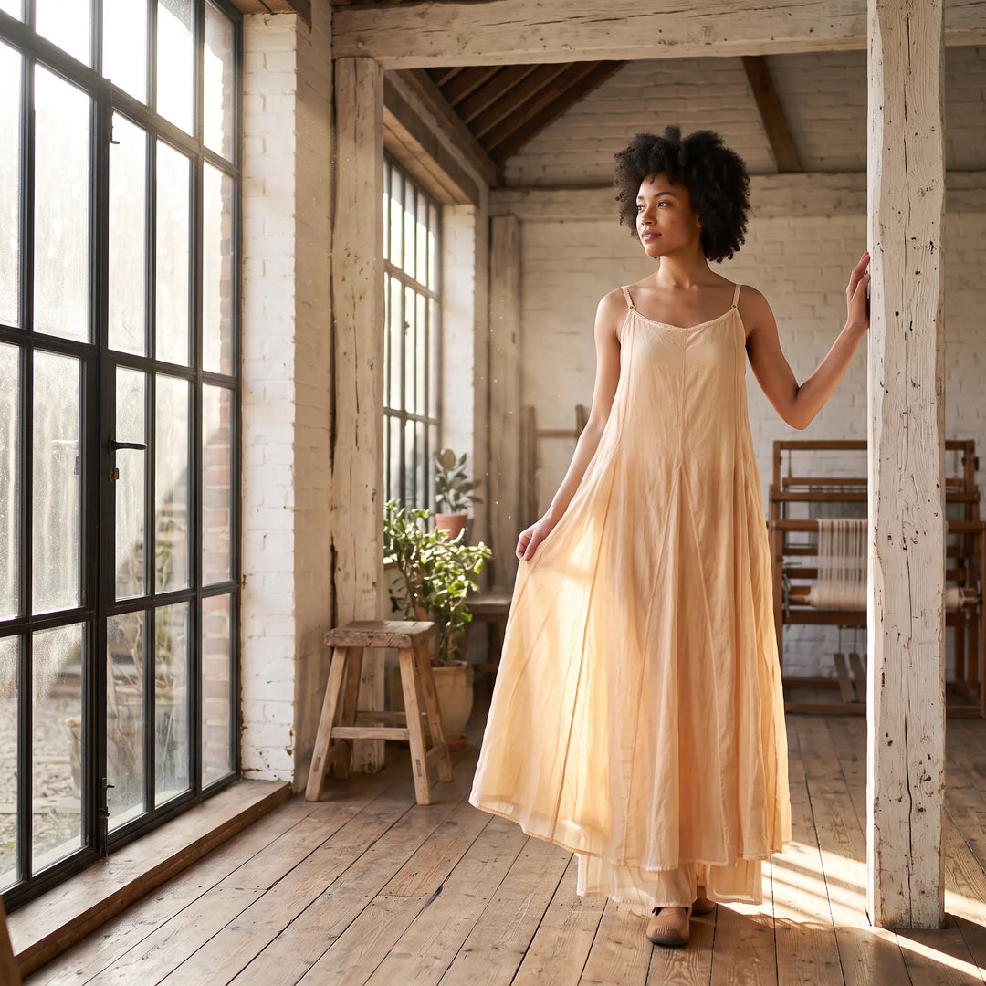 A woman models a flowing, plant-dyed cotton maxi dress in a sunlit, rustic studio with large windows and wooden floors. The dress features adjustable spaghetti straps, a V-neck, and an irregular hem.