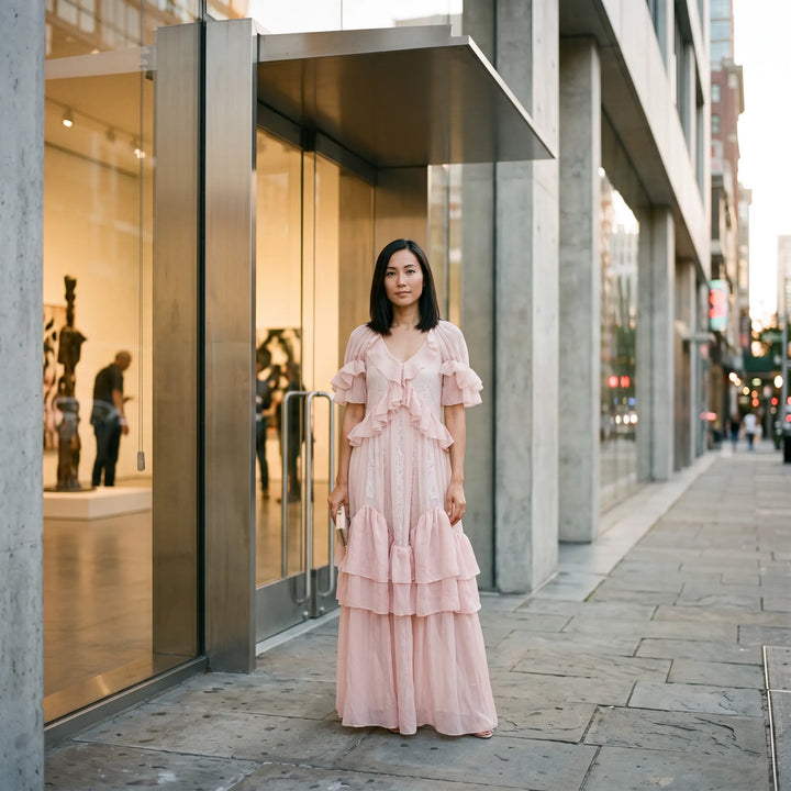 A woman stands on a city sidewalk in front of a modern building, wearing a flowing blush pink maxi dress with tiered ruffles and flutter sleeves.