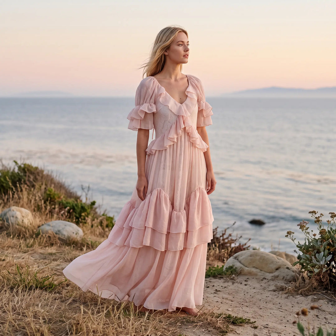 A woman stands on a cliff overlooking the ocean at dusk, wearing a pale blush pink, floor-length Kynari maxi dress with tiered ruffles and flutter sleeves.