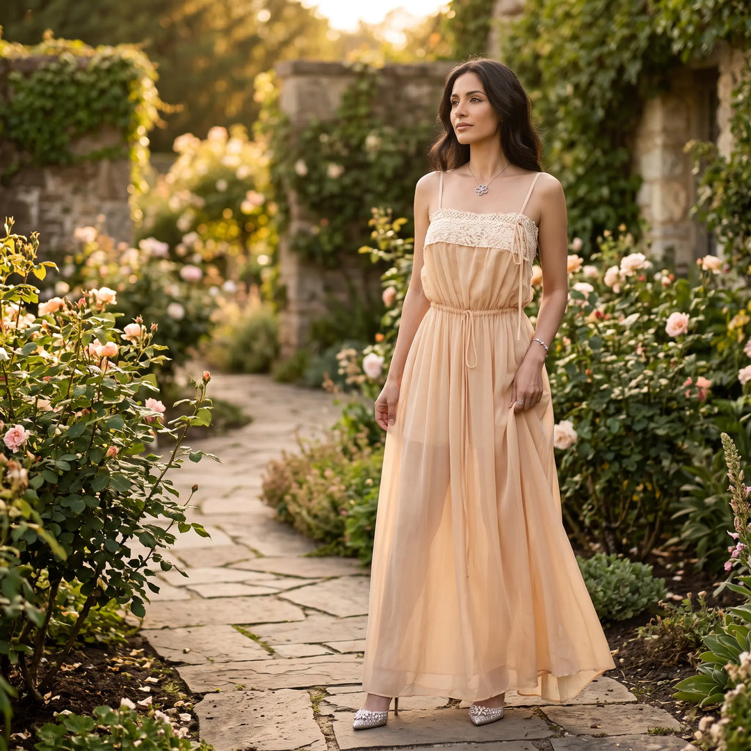 A woman stands in a romantic garden setting during golden hour, wearing a flowing pale peach-nude sheer chiffon maxi dress with a delicate lace bodice and spaghetti straps.