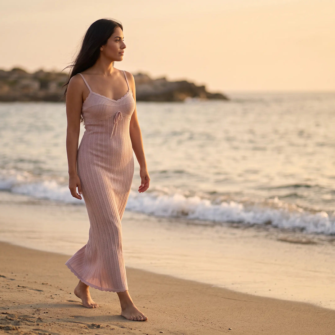 A woman walks along a serene beach at golden hour, wearing a soft pink sleeveless ribbed knit midi dress with a drawstring V-neckline and open-knit hem. The dress drapes gracefully as she strolls barefoot on the sand, with gentle waves and a warm sunset sky in the background.