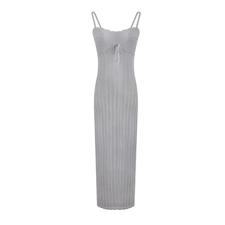 Muted grey Lyrana ribbed knit midi slip dress with spaghetti straps, V-neckline featuring a drawstring tie, and a delicate open-knit hem detail, shown front view.
