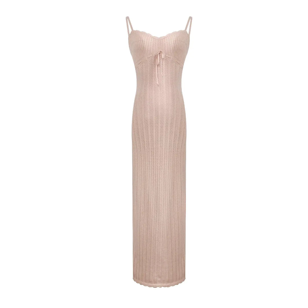 Lyrana sleeveless midi slip dress in Mist Twilight Blue, featuring a fine-ribbed knit, adjustable drawstring V-neck, and a delicate open-knit hem.