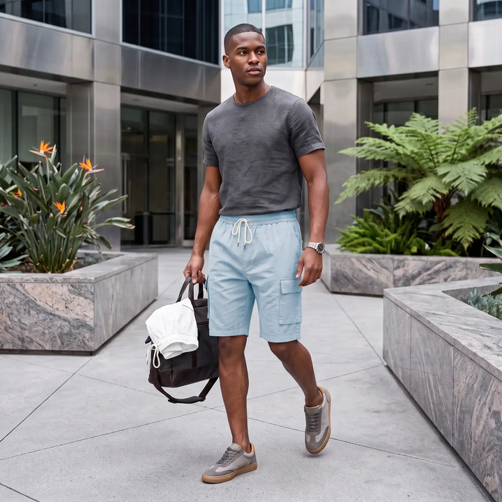 Man walking outdoors wearing light blue relaxed-fit cargo shorts with a white drawstring, a grey t-shirt, and grey sneakers, carrying a bag in an urban setting.