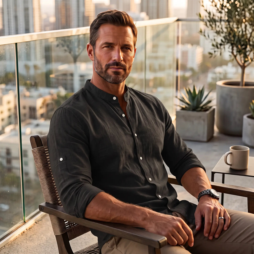 A man wearing a deep black, long-sleeve linen-blend shirt with a Mandarin collar, seated on a chair on a balcony with a city view.