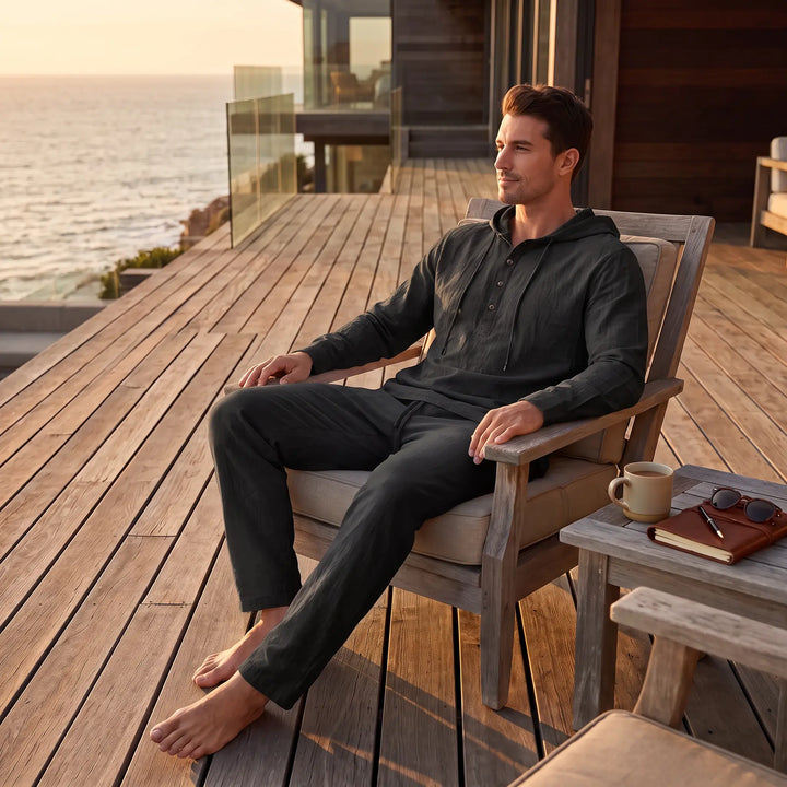 Man wearing a dark grey hooded henley loungewear set with drawstring and long sleeves, seated on a wooden deck overlooking the ocean. The relaxed fit set includes straight-leg trousers.