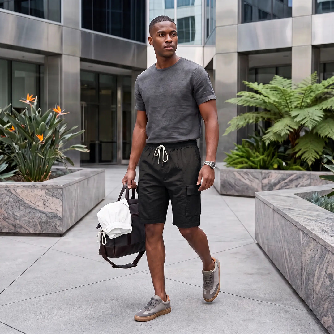 A man in a grey t-shirt and dark grey relaxed-fit cargo shorts with a white drawstring walks through an urban courtyard, carrying a bag.