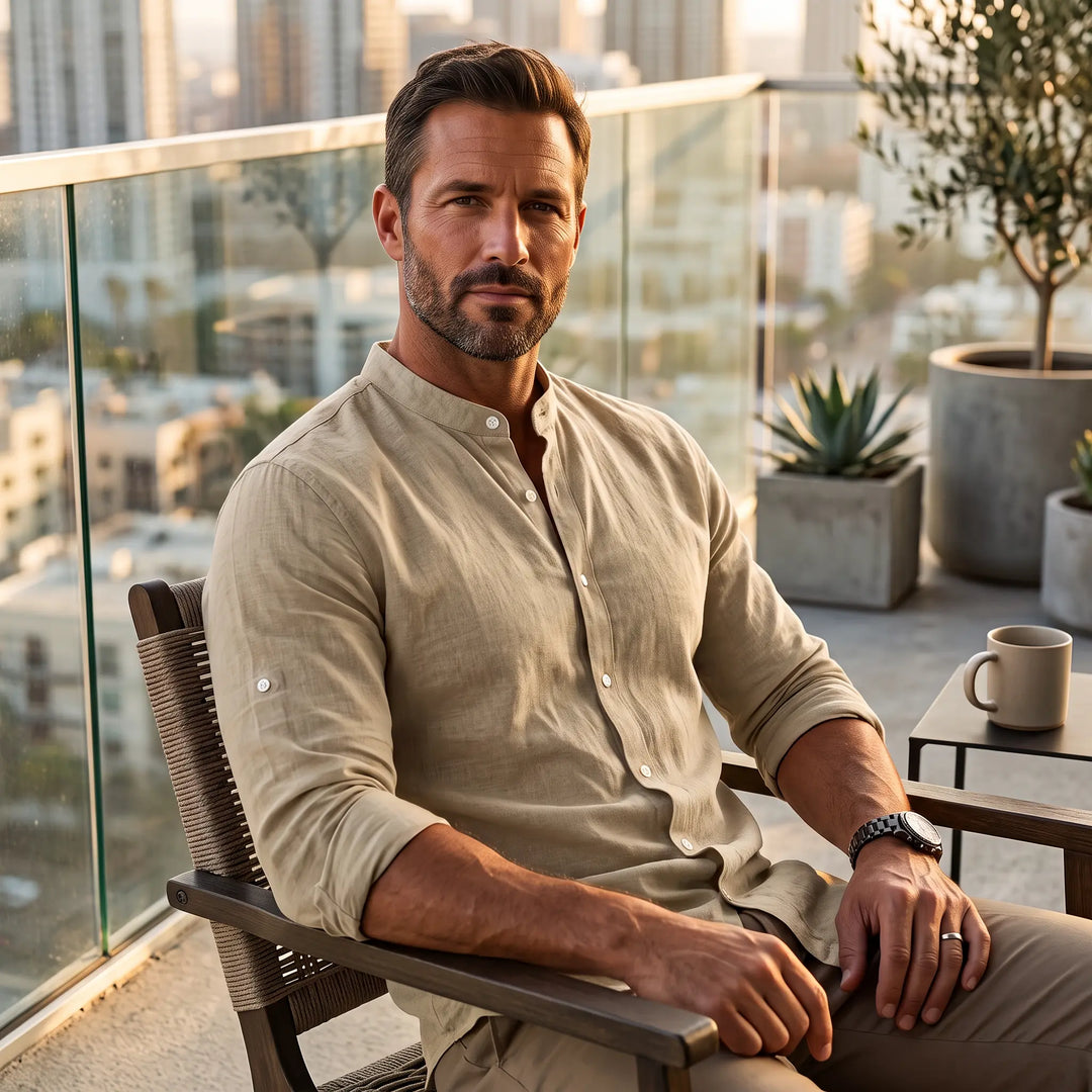 Man wearing a light blue linen-blend long-sleeve shirt with a Mandarin collar, seated on a balcony overlooking a city skyline. The shirt features matte white buttons and a relaxed fit. He is wearing a watch and a ring.