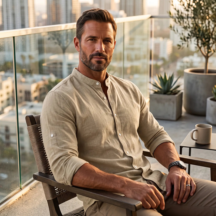 Man wearing a light blue linen-blend long-sleeve shirt with a Mandarin collar, seated on a balcony overlooking a city skyline. The shirt features matte white buttons and a relaxed fit. He is wearing a watch and a ring.