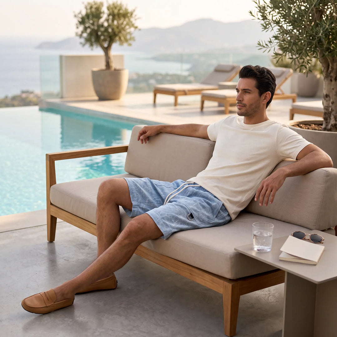 Man wearing light blue textured shorts with a rope drawstring and a D-ring tab cargo pocket, relaxing on an outdoor sofa by a pool.