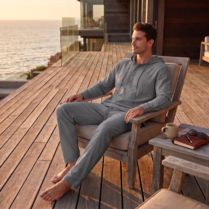 A man relaxing on a wooden deck overlooking the ocean, wearing a charcoal grey linen blend loungewear set, featuring a hooded henley top and straight-leg trousers.