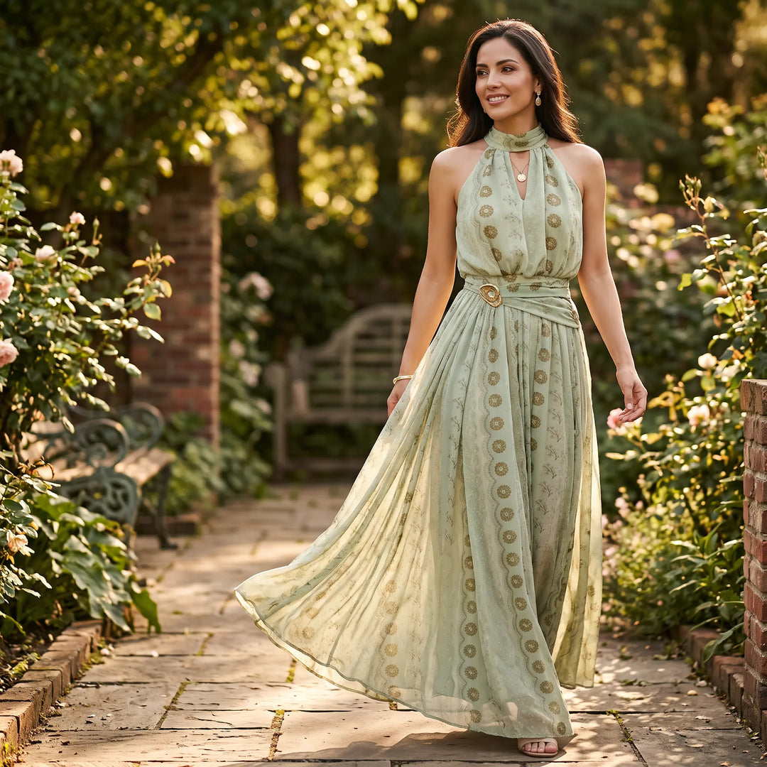 Woman walking on a stone path in a garden, wearing a mint green georgette maxi dress with a delicate botanical print, halter neckline, keyhole cutout, and cinched waist with a gold buckle.