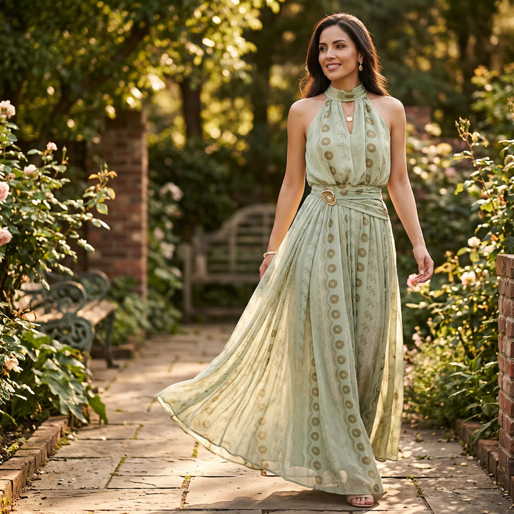 Woman walking on a stone path in a garden, wearing a mint green georgette maxi dress with a delicate botanical print, halter neckline, keyhole cutout, and cinched waist with a gold buckle.