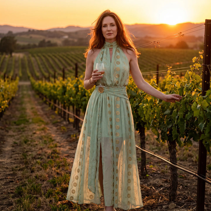 Elegant woman in a mint green georgette maxi dress with gold floral print and halter neckline stands in a vineyard at sunset.